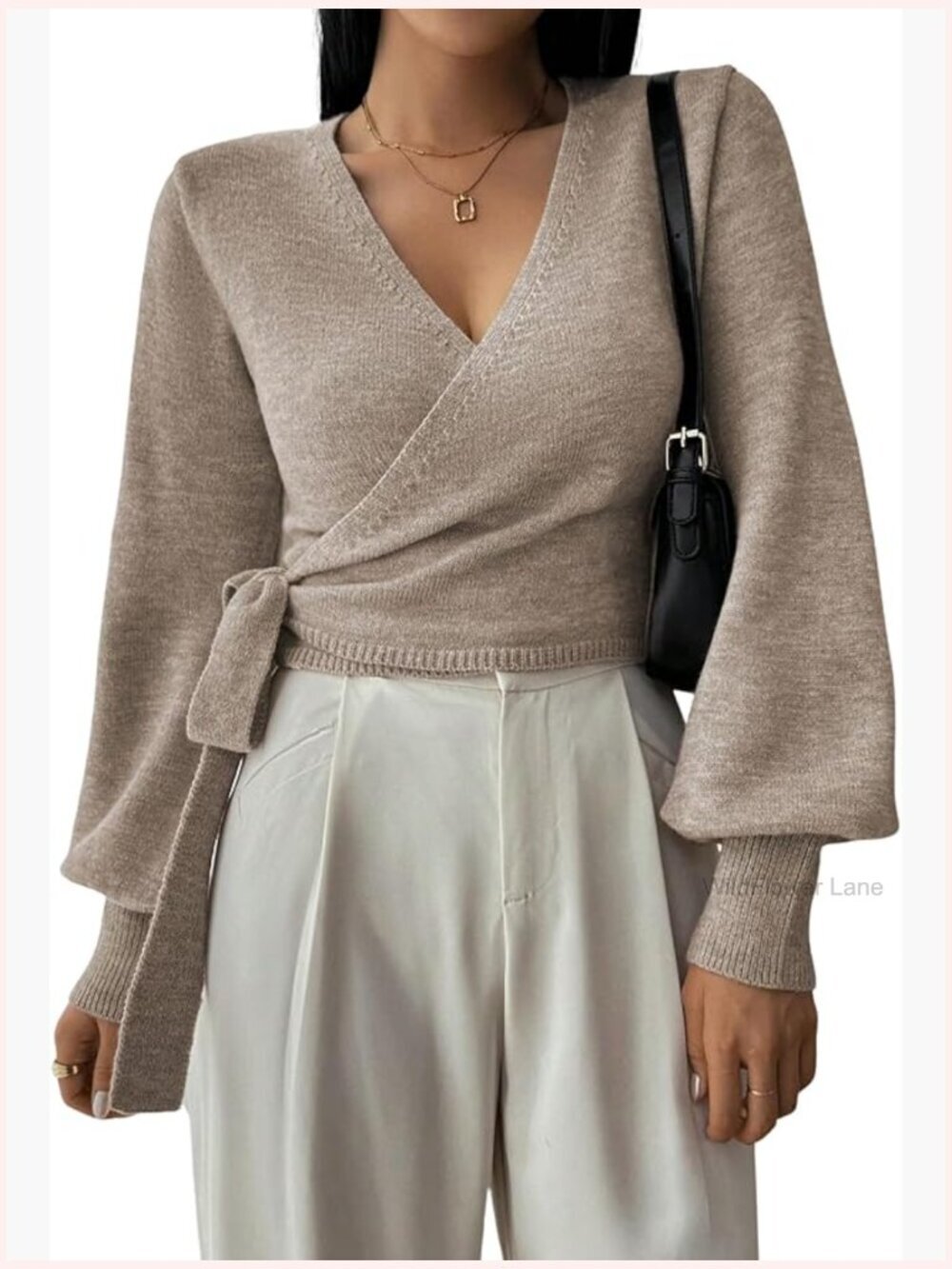 Long Sleeve V Neck Wrap Belted Cropped Sweater Office Knit Top